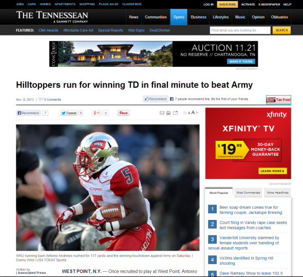 Hilltoppers run for winning TD in final minute to beat Army - The Tennessean - tennessean.com