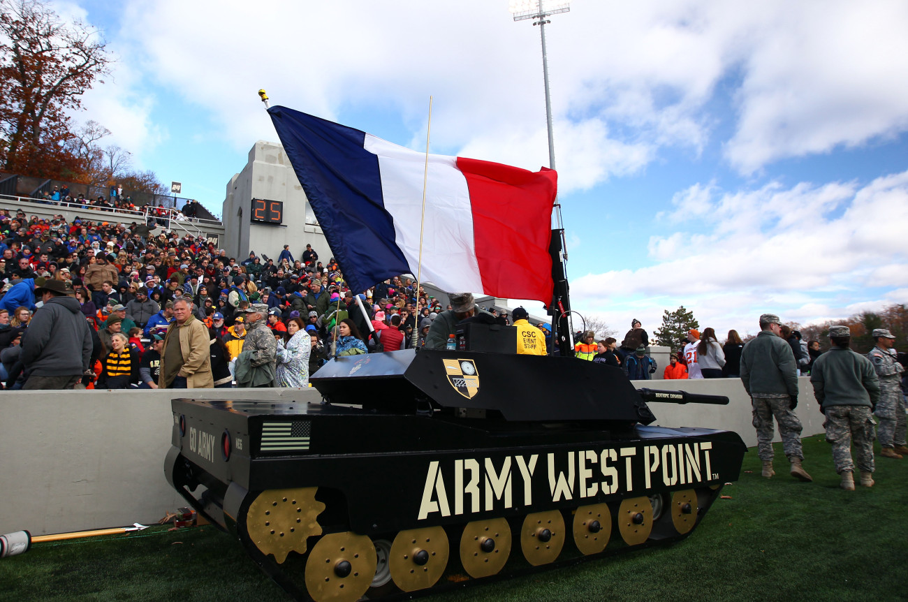 Nov 14, 2015; West Point, NY, USA; West Point cadets fly the French flag on a small tank during the first half of a game between the Army Black Knights and the Tulane Green Wave at Michie Stadium. The tribute comes a day after terrorist attacks hit Paris, France. Mandatory Credit: Danny Wild-USA TODAY Sports
